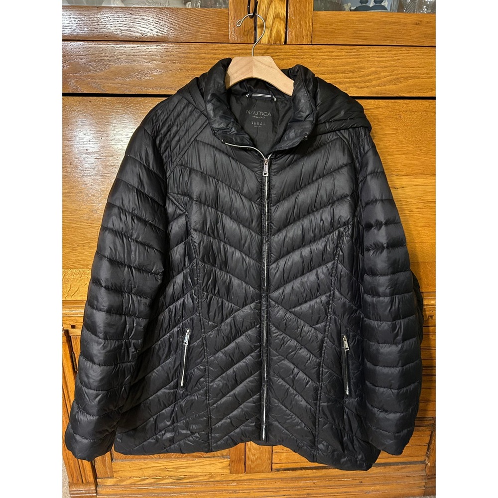 Nautica Gorpcore Black Quilted Hooded Puffer Jacket Size 2X Full Zip Coat